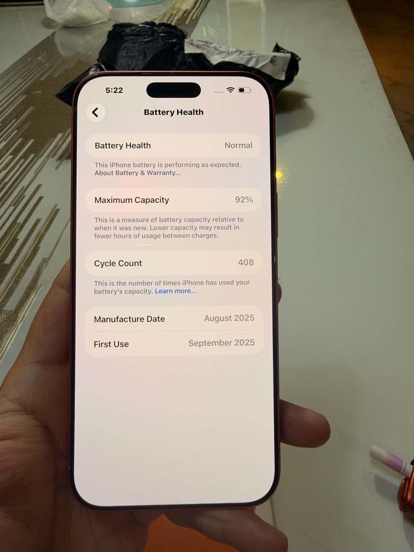 Apple iPhone 17 Pro Max 256GB Cosmic Orange (Category: iPhone 17 Series) located in Manila. Submitted by rockwelzon21365 (Listing ID 1470804941, Image 3). Description: - Model: Apple iPhone 17 Pro Max - Storage: 256GB - Color: Cosmic Orange - Battery Health: 92% (408 cycle counts) - Condition: Fully functional, clean screen and body - Inclusions: Original box and charging cable.