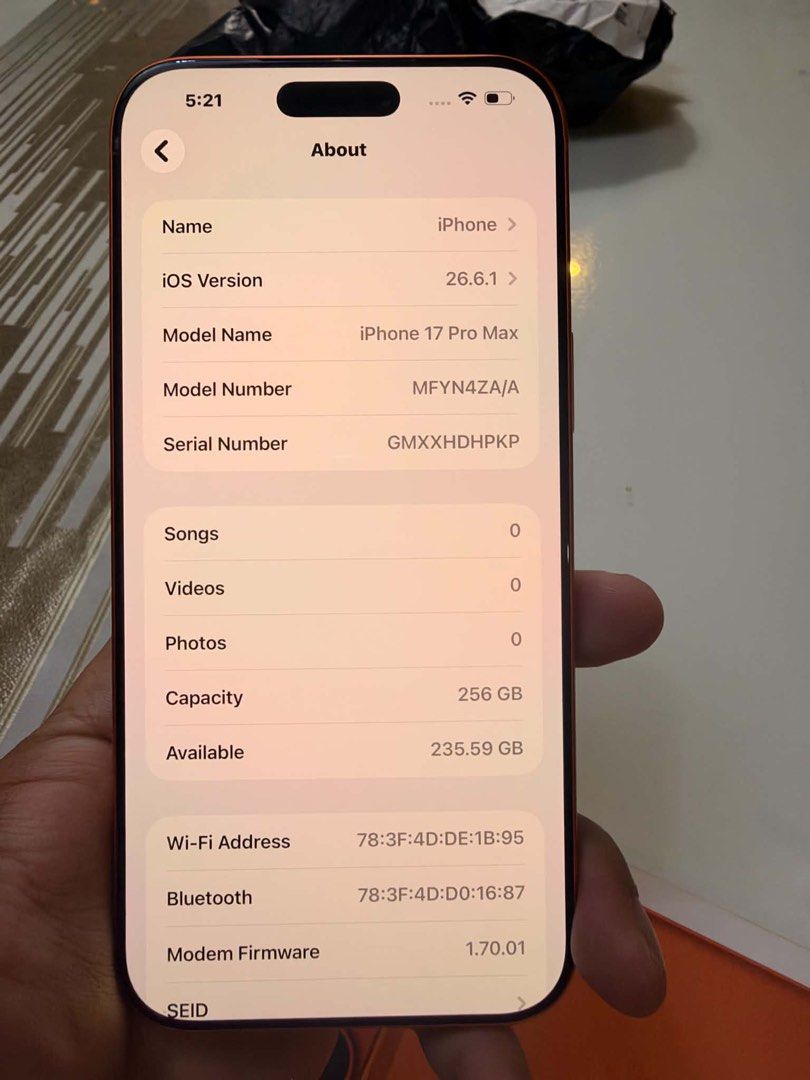 Apple iPhone 17 Pro Max 256GB Cosmic Orange (Category: iPhone 17 Series) located in Manila. Submitted by rockwelzon21365 (Listing ID 1470804941, Image 2). Description: - Model: Apple iPhone 17 Pro Max - Storage: 256GB - Color: Cosmic Orange - Battery Health: 92% (408 cycle counts) - Condition: Fully functional, clean screen and body - Inclusions: Original box and charging cable.