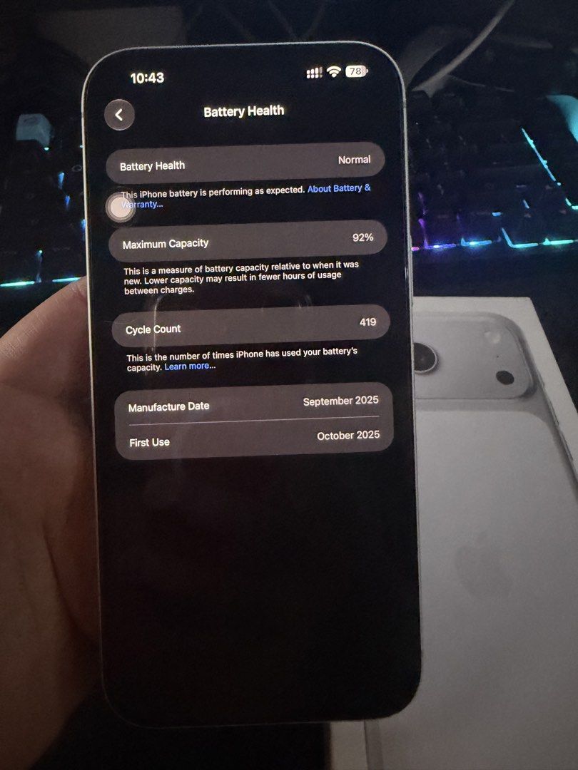 Apple iPhone 17 Pro Max 256GB Silver (Category: iPhone 17 Series) located in Las Pinas. Submitted by xjohnrick (Listing ID 1470886270, Image 3). Description: For Sale / Swap iPhone 17 Pro Max 256GB Silver 92% BH (419 CC as of Oct. 28 2026) J/A (Japan Variant) e-Sim (Factory Unlocked) Higher Battery Capacity compared to Local / with Physical Sim Slot Variant Issue: Small scratch sa action button and bottom left part ng phone Comes with Box same im