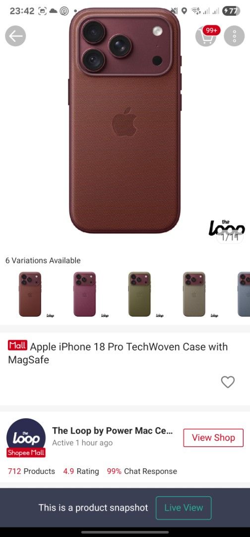 Apple iPhone 18Pro TechWoven Casewith MagSafe (Category: Cases & Sleeves) located in Manila. Submitted by ampee_ (Listing ID 1470896068, Image 3). Description: TechWoven Casewith MagSafe Color: Burgundy Bought it from The Loop RFS: Bought the wrong case. I have the Iphone 18 Pro Max Original Price: Php 4,190.00 SEALED❗️ Original from The Loop💯 BRAND NEW AND UNOPENED❗️❗️❗️.
