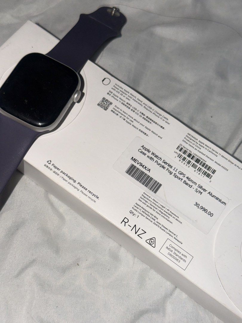 Apple Watch Series 11 46mm (Category: Wearables & Smart Watches) located in Manila. Submitted by frankietheresee (Listing ID 1470798366, Image 2). Description: - bought May 2026 - Silver aluminum case - purple fog sport band S/M - can do meet ups in Cebu City.