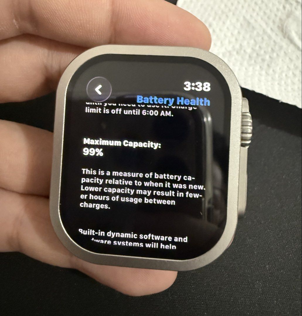Apple Watch Ultra 1 (Category: Wearables & Smart Watches) located in Manila. Submitted by evildogchihuahua0701 (Listing ID 1470919910, Image 3). Description: - Brand: Apple Watch Ultra 1 - Case: 49mm Titanium & Ceramic Case with Sapphire Crystal - Storage: 32GB capacity - Battery Health: 99% maximum capacity - Condition: Excellent, well-maintained - Meetup Location: Gateway Mall, Araneta City, Quezon City -face protector/tempered glass installed.