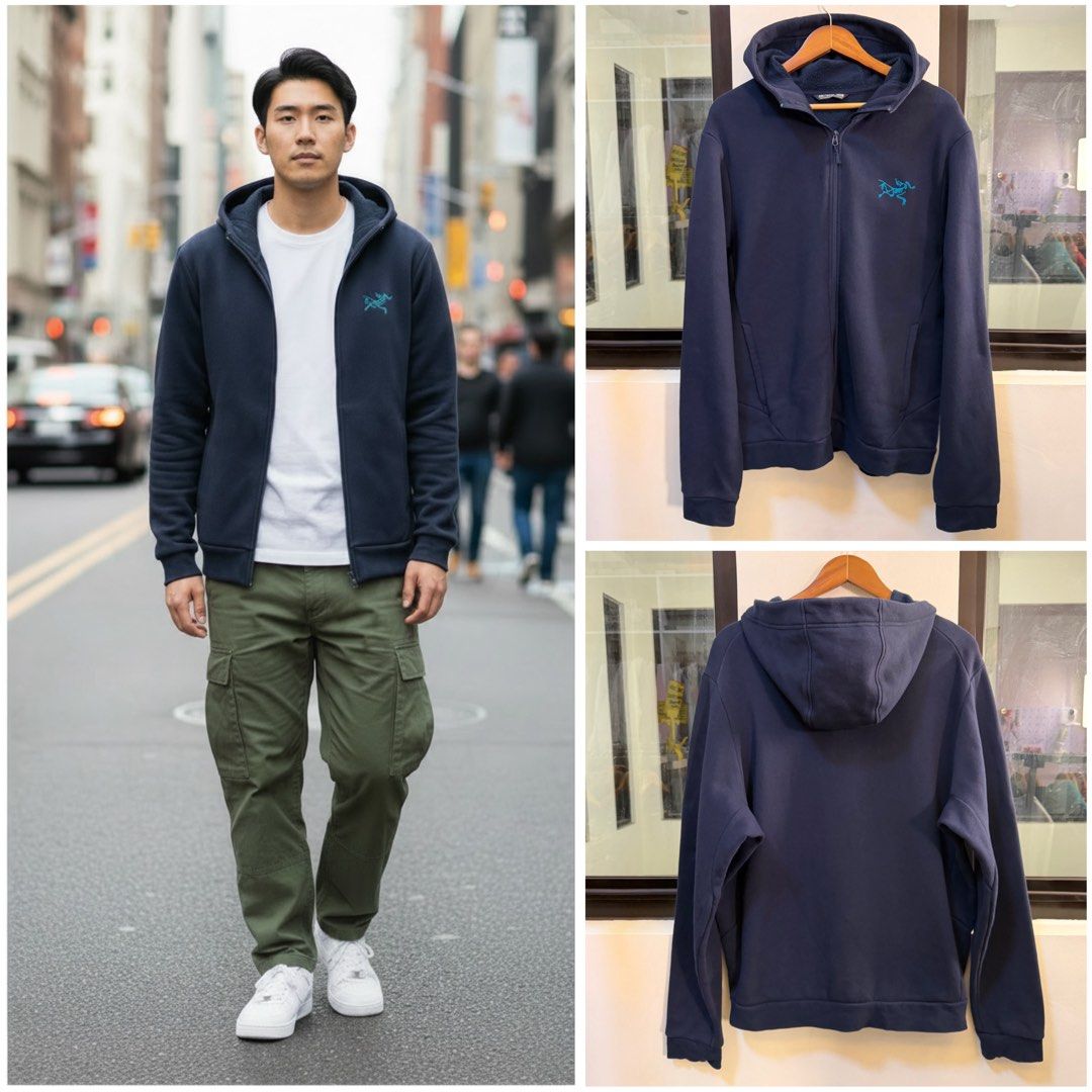 Arc’teryx Full-Zip Hooded Jacket (Category: Coats, Jackets and Outerwear) located in Paranaque City. Submitted by preluxeshop_ph (Listing ID 1470814655, Image 1). Description: Brand: Arc’teryx •Style: Full-Zip Hooded Jacket / Fleece Hoodie •Color: Dark Navy Blue with contrasting light blue embroidered Arc’teryx logo on the chest •Design Features: Attached hood, full front zip closure, front hand pockets, and textured inner fleece lining •Tag Size
