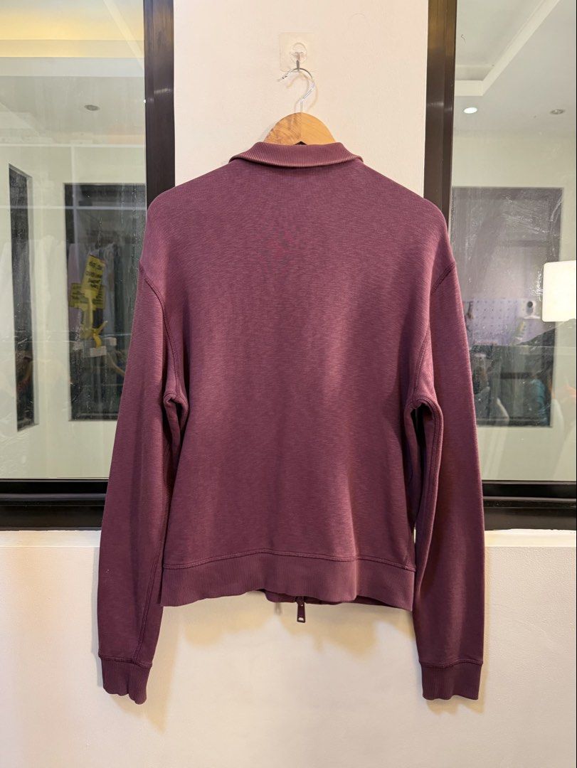 Armani Jeans Full-Zip Track Jacket (Category: Coats, Jackets and Outerwear) located in Paranaque City. Submitted by preluxeshop_ph (Listing ID 1470818686, Image 3). Description: Brand: Armani Jeans •Style: Full-Zip Track Jacket / Stand-Collar Sweatshirt •Color: Plum / Maroon •Design Features: Full front zip closure, stand-up collar, side welt pockets, and ribbed cuffs and hem •Tag Size: Extra Large (XL) / 185/104A •Condition: Pre-loved / Good as 