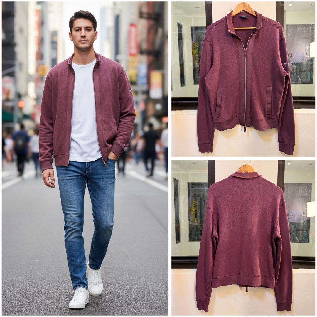 Armani Jeans Full-Zip Track Jacket (Category: Coats, Jackets and Outerwear) located in Paranaque City. Submitted by preluxeshop_ph (Listing ID 1470818686, Image 1). Description: Brand: Armani Jeans •Style: Full-Zip Track Jacket / Stand-Collar Sweatshirt •Color: Plum / Maroon •Design Features: Full front zip closure, stand-up collar, side welt pockets, and ribbed cuffs and hem •Tag Size: Extra Large (XL) / 185/104A •Condition: Pre-loved / Good as 