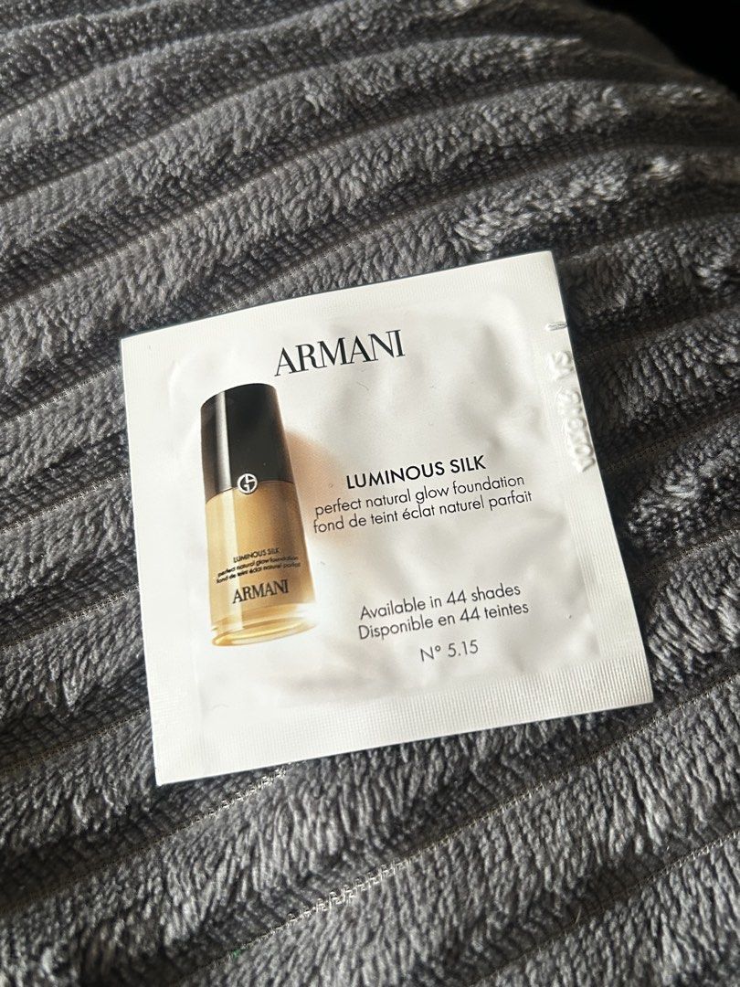 Armani Luminous Silk Foundation Sample Shade 5.15 (Category: Makeup) located in Quezon City. Submitted by jules.18 (Listing ID 1470816818, Image 1). Description: Brand new Armani Luminous Silk Foundation sample packet in shade 5.15. Perfect for testing out the shade and natural luminous glow formula before committing to the full-size bottle..