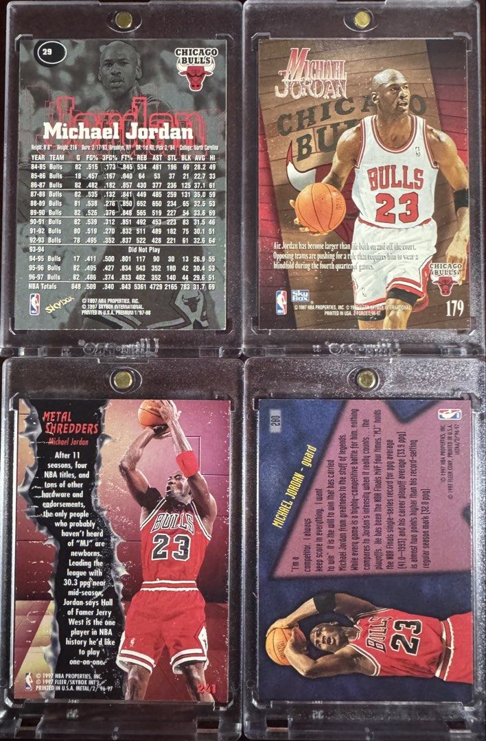 Michael Jordan NBA CARDS ASSORTED (Category: Raw Singles) located in Manila. Submitted by inventorey (Listing ID 1470748236, Image 2). Description: Michael Jordan NBA CARDS! 1997 Skybox Premium - 1.5k 1996 Skybox ZForce Zuperman - 3k 1996 Fleer Metal Shredders - 4k 1996 Fleer Ultra Step It Up - 1k All not mint All shipped with magnetic case Taguig - meet or ship.
