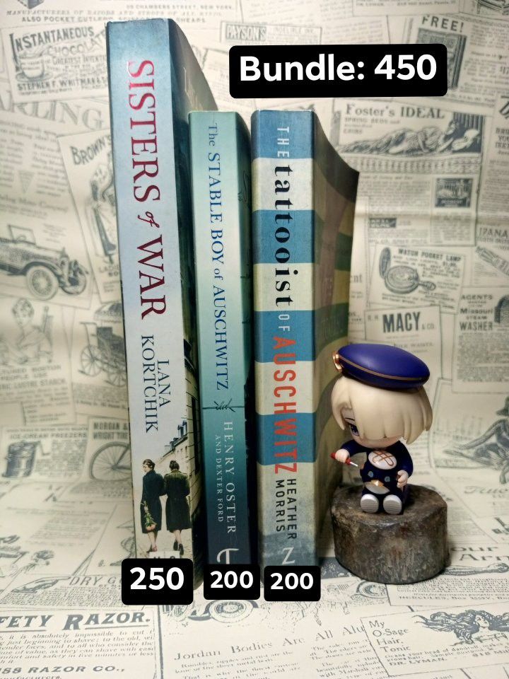 Assorted Fiction and Non-Fiction Paperbacks and Hardcovers (Category: Storybooks) located in Baguio. Submitted by pmv124 (Listing ID 1470647263, Image 2). Description: Books for sale Rfs: decluttering, finished reading Prices negotiable if buying 3 or more • Russian Roulette by Anthony Horowitz: 300 HB w/diy sprayed edges • Sisters of War by Lana Kortchik: 250 • The Stable Boy of Auschwitz by Henry Oster: 200 • The Tattooist of Auschwitz by Heath
