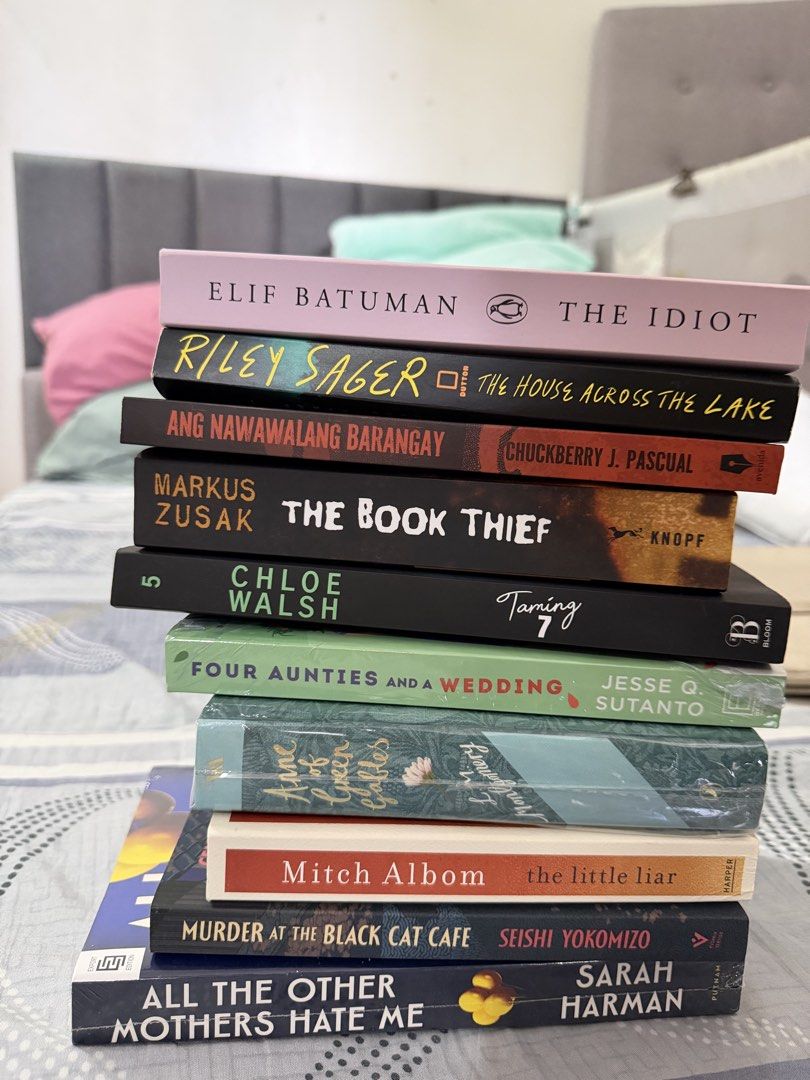Assorted Fiction Books (Brand New/Sealed) (Category: Storybooks) located in Marikina City. Submitted by plnkrs (Listing ID 1470764812, Image 1). Description: All purchased from FullyBooked & NBS - Genre mix: thrillers, contemporary fiction, and classics - Condition: Some books are still sealed in original plastic wrap The Idiot - 550 House Across - 400 Ang Nawawalang Barangay - 300 The Book Thief - 500 Taming 7 - 700 Four Aunties - 250 Anne of Gr