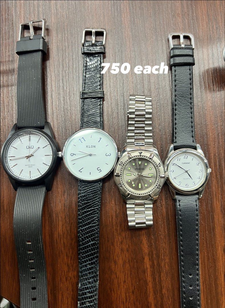 Assorted Vintage Watches (Category: Women's Watches) located in Manila. Submitted by l4ncedeleon (Listing ID 1470837944, Image 2). Description: - Pre-owned wristwatches available for individual purchase or as a set - Brands include: Jaxis, Kabana, Q&Q, Klon, Sportime, Current, Lucero, Rayard, Kenneth Cole, Aureole, and Sun Flame - Strap styles: Metal bracelets, black leather, textured leather, and pink leather - Dial colors: Black, white, red, go