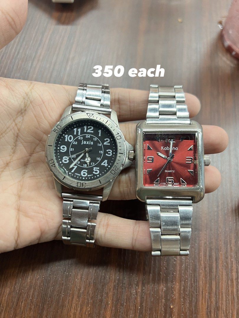 Assorted Vintage Watches (Category: Women's Watches) located in Manila. Submitted by l4ncedeleon (Listing ID 1470837944, Image 1). Description: - Pre-owned wristwatches available for individual purchase or as a set - Brands include: Jaxis, Kabana, Q&Q, Klon, Sportime, Current, Lucero, Rayard, Kenneth Cole, Aureole, and Sun Flame - Strap styles: Metal bracelets, black leather, textured leather, and pink leather - Dial colors: Black, white, red, go