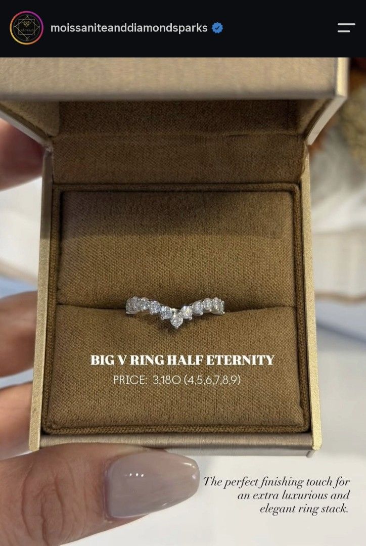Authentic Half Eternity Big V Ring Moissanite in Platinum Finish (Category: Rings) located in Pasig City. Submitted by enis.closet (Listing ID 1470907141, Image 1). Description: bought in Moissaniteanddiamondsparks authentic for sale only 1500 size 8 - Design: Stylish big V curve, perfect for stacking or wearing solo - Stone Quality: Flawless clarity, Color D for brilliant sparkle - Color: Elegant white - Setting & Finish: Silver setting with a l