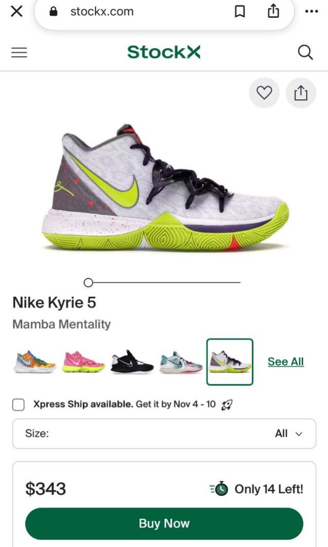 Authentic Kyrie V/5 Mamba Mentality (Category: Sneakers) located in Paranaque City. Submitted by henri501914 (Listing ID 1470813470, Image 1). Description: No inclusions Collectors item Na stock lang, used 3x. Medyo yellowish, kayo na bahala. Pm for more details.