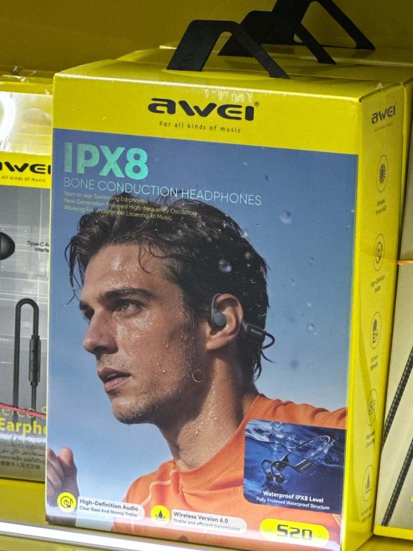 Awei IPX8 Bone Conduction Headphones S20 (Category: Earphones) located in Manila. Submitted by ericklee23 (Listing ID 1470904138, Image 1). Description: - Brand new Awei S20 bone conduction headphones - IPX8 waterproof: perfectly built for swimming and water sports - Latest Wireless v6.0 for stable and efficient connection - High-definition audio with clear bass and strong structure - Non-in-ear design with a new-gen focused high-frequency oscill