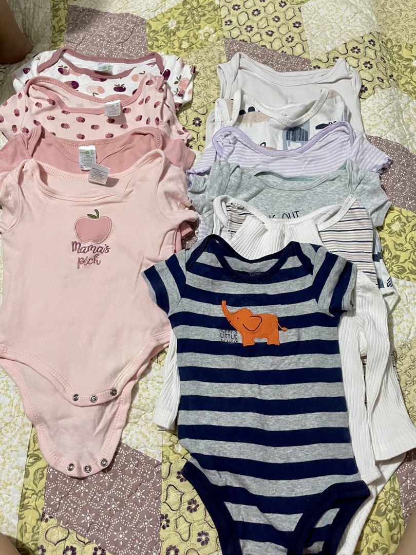 Baby Girl Bodysuits 9 Months Set Bundle (Category: Babies & Kids Fashion) located in Manila. Submitted by imeejoy07 (Listing ID 1470765855, Image 2). Description: Bundle of 9-month baby bodysuits in pink, white, grey, and stripes with cute apple and elephant prints. Made of soft cotton with bottom snap closures. Perfect for daily wear!.