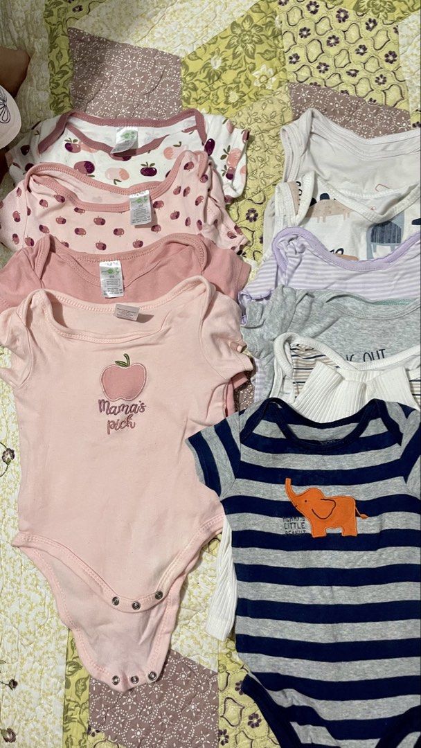 Baby Girl Bodysuits 9 Months Set Bundle (Category: Babies & Kids Fashion) located in Manila. Submitted by imeejoy07 (Listing ID 1470765855, Image 1). Description: Bundle of 9-month baby bodysuits in pink, white, grey, and stripes with cute apple and elephant prints. Made of soft cotton with bottom snap closures. Perfect for daily wear!.