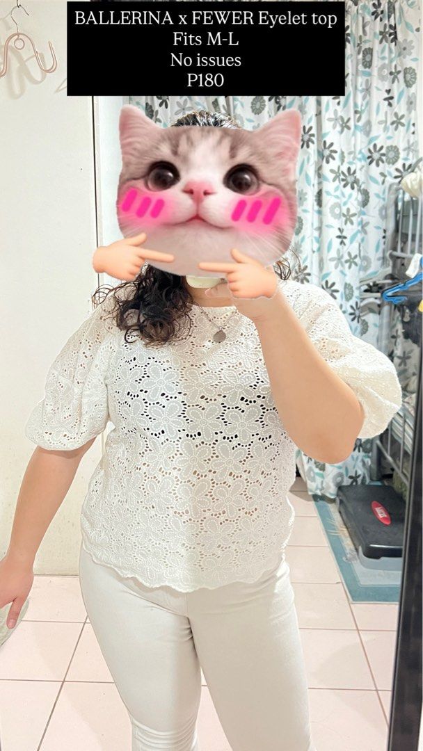 BALLERINA x FEWER Eyelet Blouse (Category: Blouses) located in Cebu City. Submitted by fromreggg (Listing ID 1470851315, Image 2). Description: BALLERINA x FEWER Eyelet top Fits M-L No issues P180.