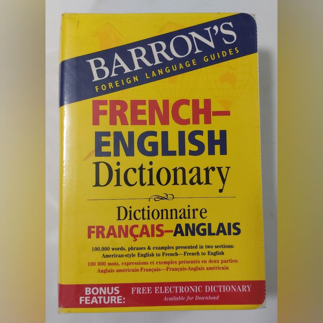 Barron's French-English Dictionary Foreign Language Guide (Category: Textbooks) located in Pasig City. Submitted by keithra (Listing ID 1470837681, Image 1). Description: - Title: Barron's French-English & Français-Anglais Dictionary - Condition: Brand new / Excellent (as applicable) - Content: 100,000 words, phrases, and examples with color headwords - Features: Pronunciation guides, cultural tips, maps, and a handy grammar guide - Format: Paper