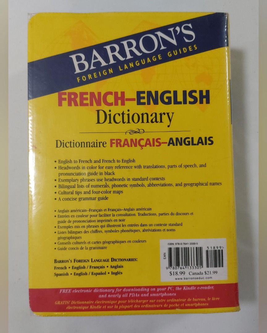 Barron's French-English Dictionary Foreign Language Guide (Category: Textbooks) located in Pasig City. Submitted by keithra (Listing ID 1470837681, Image 2). Description: - Title: Barron's French-English & Français-Anglais Dictionary - Condition: Brand new / Excellent (as applicable) - Content: 100,000 words, phrases, and examples with color headwords - Features: Pronunciation guides, cultural tips, maps, and a handy grammar guide - Format: Paper