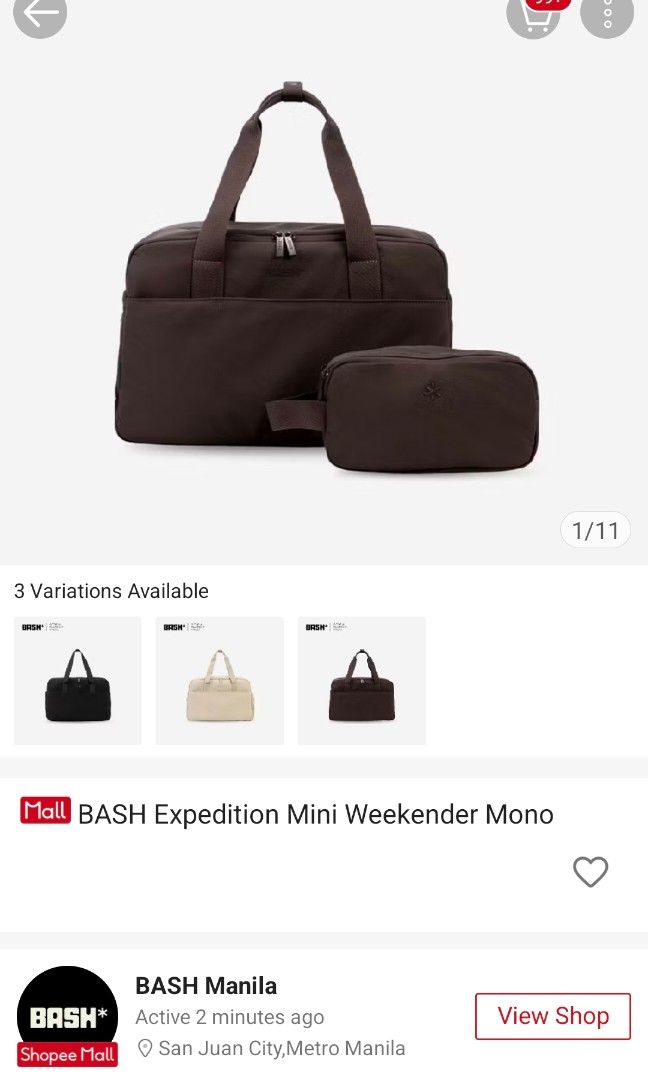 BASH MINI WEEKENDER MONO (Category: Tote Bags) located in Quezon City. Submitted by emgonnaeatyou (Listing ID 1470907907, Image 1). Description: used only twice has slight scratch in the hook with long handle can send actual photos if interested + price negotiable bought via Bash official sh0p33 store grab or lalamove c/o buyer.