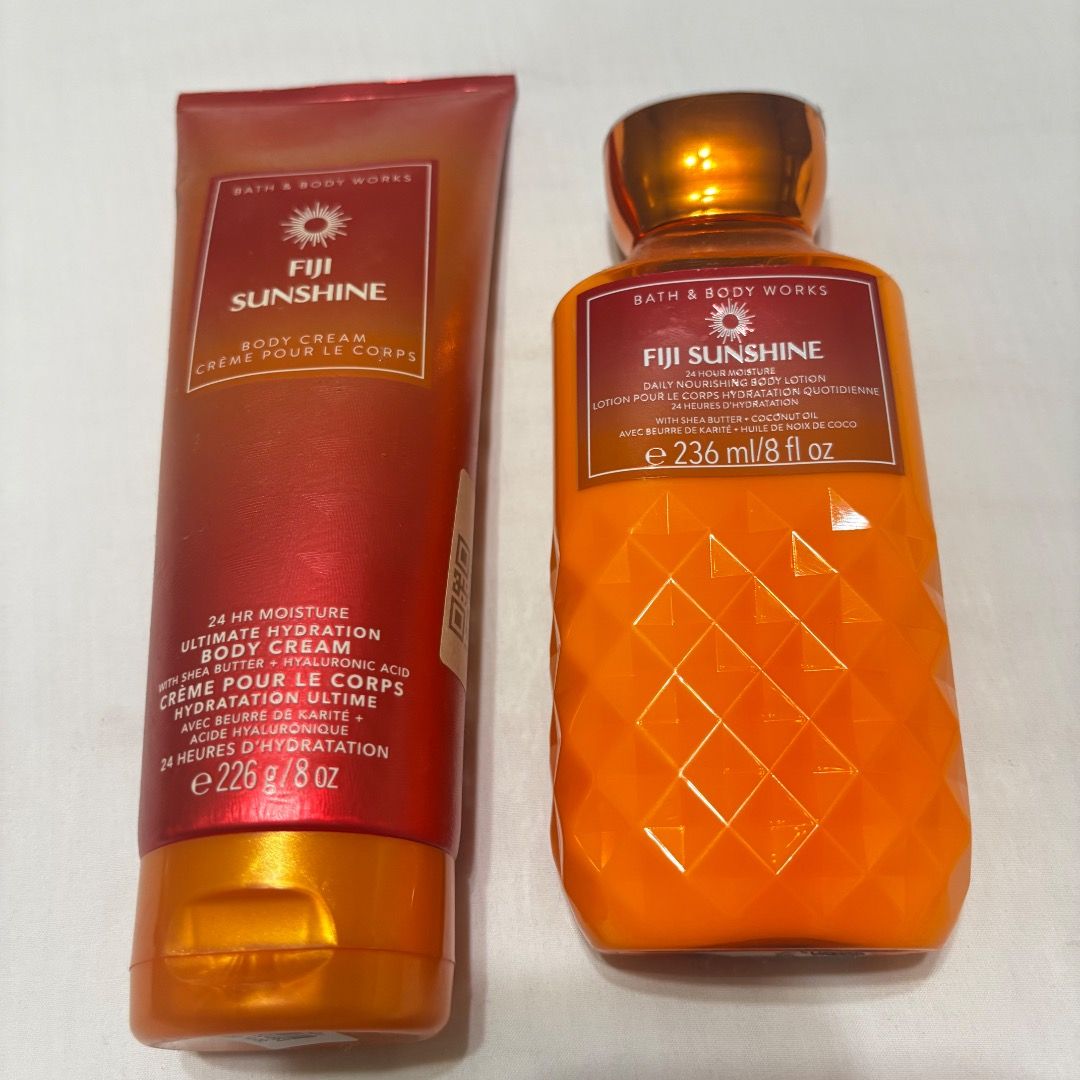 Bath & Body Works Fiji Sunshine Set (Category: Body Care) located in Baliuag. Submitted by crateandbarrel (Listing ID 1470900689, Image 1). Description: 100% authentic Sold as set for 685 1 body cream. 1 lotion - Brand: Bath & Body Works - Scent: Fiji Sunshine (Amazing tropical fragrance) - Set includes: 1x 24-Hour Moisture Ultimate Body Cream (226g / 8 oz) and 1x Daily Nourishing Body Lotion (236ml / 8 oz) - Key ingredients: Infused with shea bu