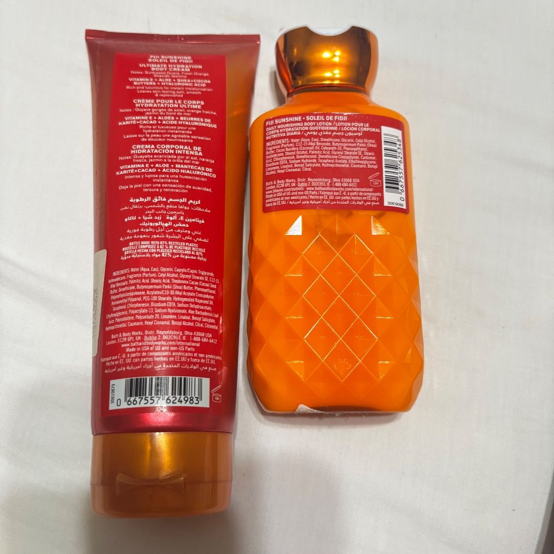 Bath & Body Works Fiji Sunshine Set (Category: Body Care) located in Baliuag. Submitted by crateandbarrel (Listing ID 1470900689, Image 2). Description: 100% authentic Sold as set for 685 1 body cream. 1 lotion - Brand: Bath & Body Works - Scent: Fiji Sunshine (Amazing tropical fragrance) - Set includes: 1x 24-Hour Moisture Ultimate Body Cream (226g / 8 oz) and 1x Daily Nourishing Body Lotion (236ml / 8 oz) - Key ingredients: Infused with shea bu