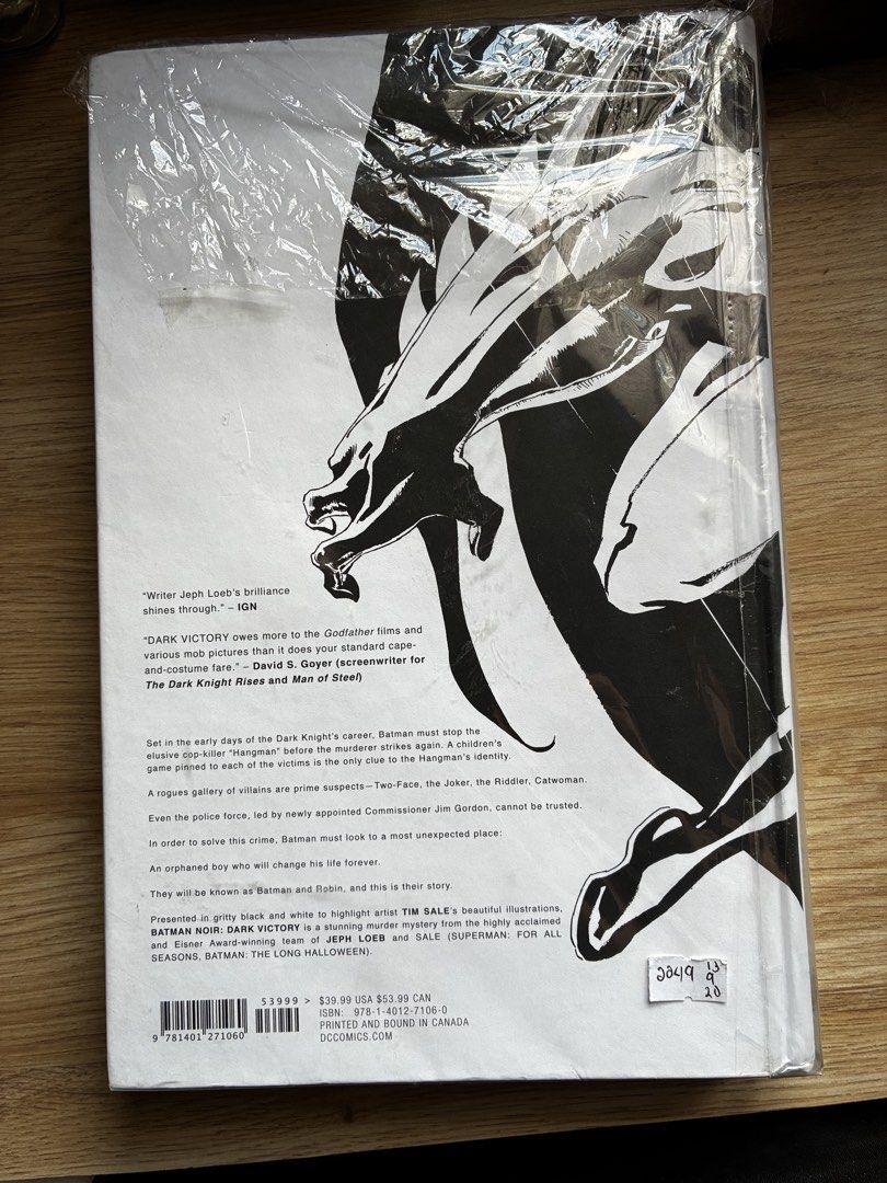 Batman Noir: Dark Victory Hardcover DC Comics (Category: Comics & Manga) located in Manila. Submitted by nikkoour (Listing ID 1470761274, Image 3). Description: - Title: Batman Noir: Dark Victory Hardcover - Creators: Jeph Loeb & Tim Sale - Publisher: DC Comics - Artwork: Presented in striking black and white - Condition: Brand new, still sealed in original plastic shrink wrap - ISBN: 978-1-4012-7106-0 - US Retail Price: $39.99.