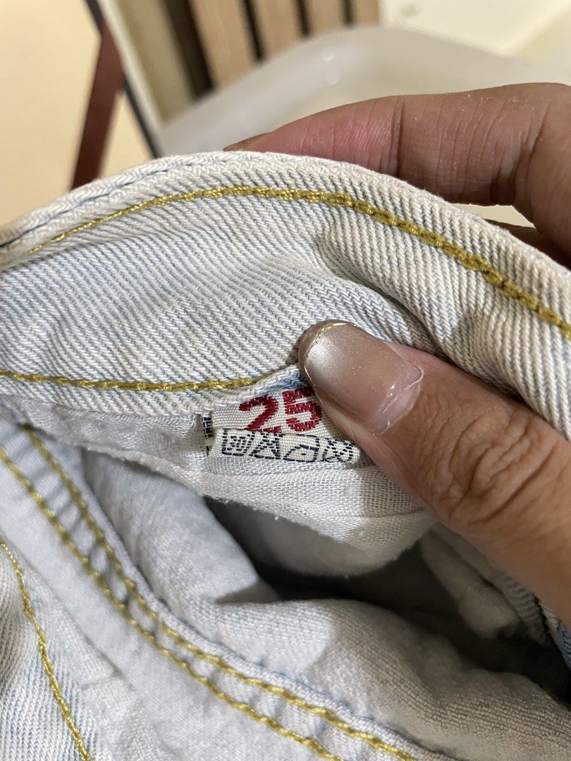 Beepop Collection Light Wash Denim Jeans Size 25 (Category: Jeans) located in Manila. Submitted by ysadeclutters (Listing ID 1470804663, Image 3). Description: DECLUTTERING [ Preloved ] - Brand: Beepop Collection - Size: 25 - Wash: Light vintage-style wash - Details: Classic contrast yellow stitching, button fly - Pockets: Standard front and back pockets - Condition: Clean, excellent, and ready to wear.