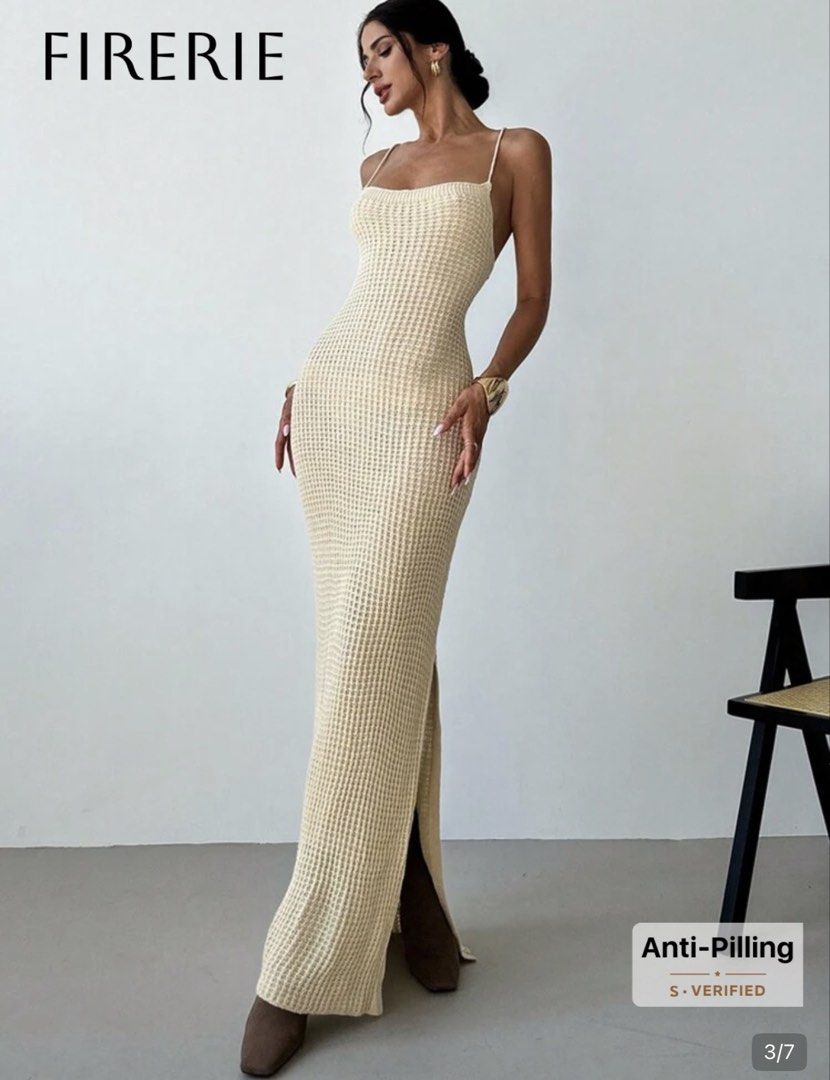 Beige Knit Backless Maxi Dress Beach Summer (Category: Dresses) located in Taguig. Submitted by regalbbb (Listing ID 1470755382, Image 3). Description: RFS: Decluttering Condition: Used once and no flaws. Shein sizes run big so this fits xs-s - Brand: FIRERIE - Color: Soft beige - Fabric: Textured anti-pilling waffle knit - Fit: Form-fitting silhouette with midi to maxi length - Design: Thin spaghetti straps and gorgeous lace-up open back - Featu