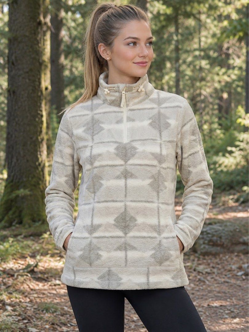 Billabong A/Div Adventure Division Fleece Pullover Jacket Size S (Category: Coats, Jackets and Outerwear) located in Pagsanjan. Submitted by zhairaaaaa (Listing ID 1470696280, Image 1). Description: - Brand/Model: Billabong Adventure Division Fuzzy Fleece Pullover - Design: Neutral geometric diamond pattern in a cream and taupe colorway - Features: Quarter-zip mock neck with adjustable toggle drawcords - Material: soft, warm sherpa fleece - Size: