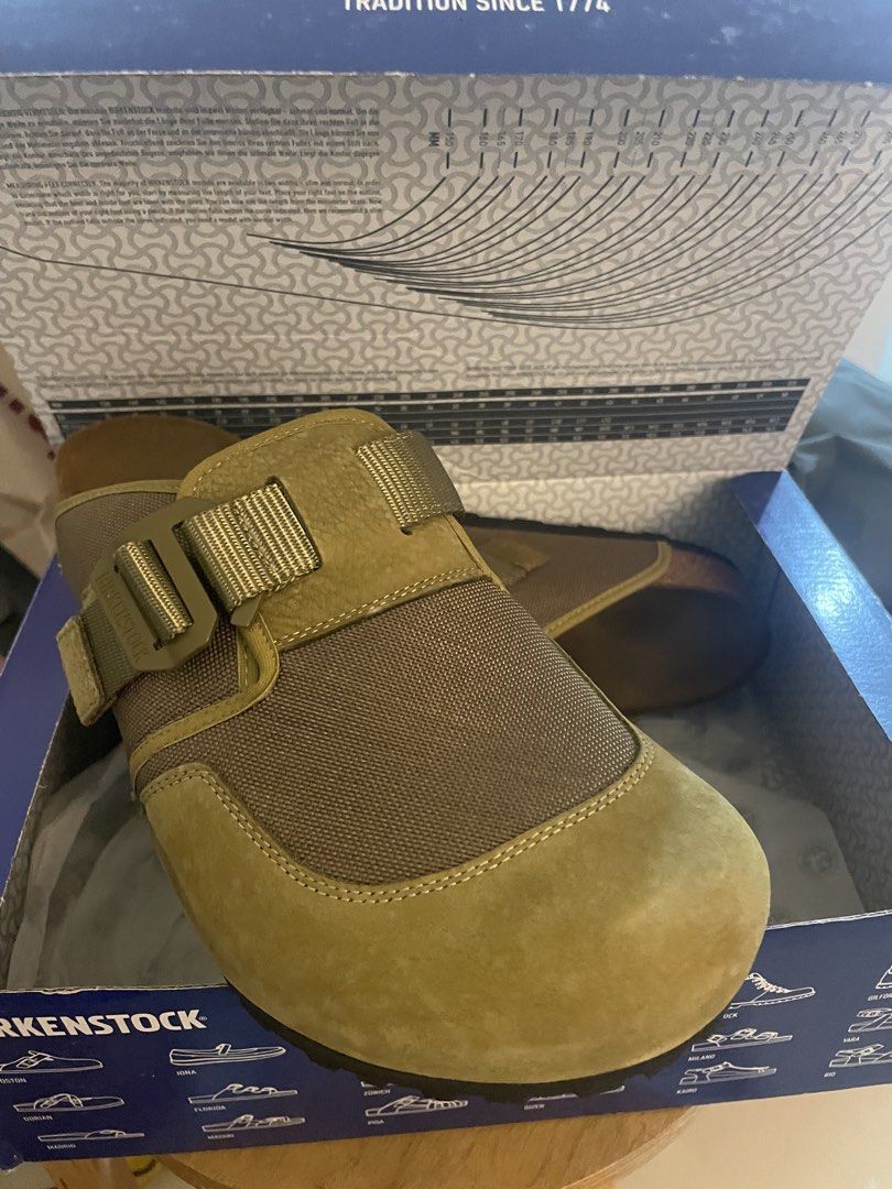 Birkenstock Clogs Olive Green (Category: Slippers & Slides) located in Manila. Submitted by charlie665 (Listing ID 1470867581, Image 2). Description: birk london nova size green size 42.5 in rep box VNDS location: kapitolyo .