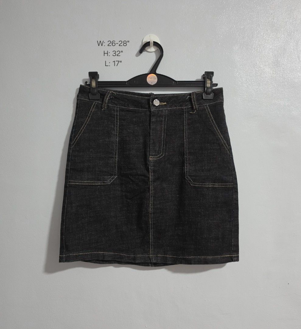 Black denim skort with built-in shorts (Category: Skirts) located in Paranaque City. Submitted by franinnashop (Listing ID 1470840363, Image 1). Description: Declutter -Dark wash black denim skirt with front patch pockets and contrast yellow stitching. -Includes built-in shorts underneath so you can move comfortably without worries. -Front button closure and faux back pockets. -Measurements: waist 26 to 28 inches, hips 32 inches, length 17 inches