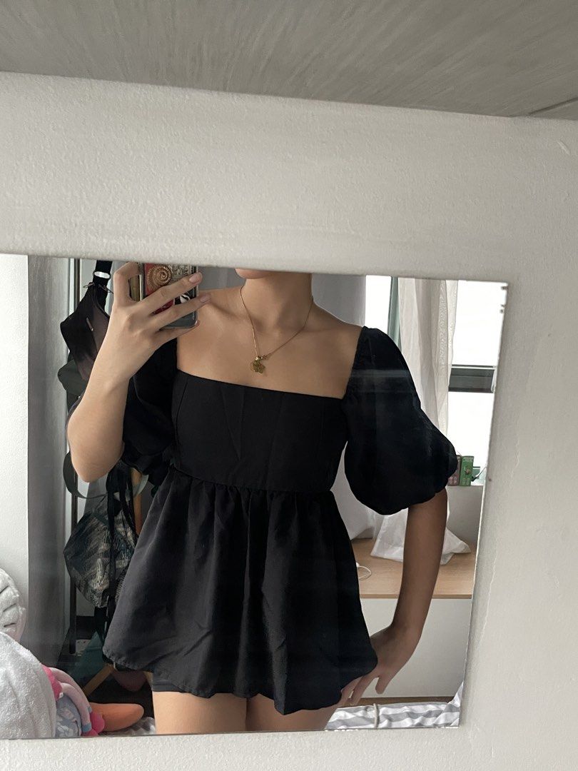 Black Peplum Babydoll Top (Category: Blouses) located in Marikina City. Submitted by secondsbydominique (Listing ID 1470824001, Image 2). Description: Black Peplum Babydoll Top ₱260 - Size Medium - No flaws, good as new.