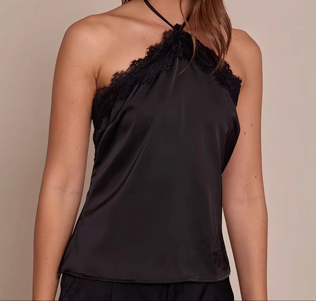 Black satin cami and green halter crop top bundle (Category: Sleeveless) located in Quezon City. Submitted by shrlane (Listing ID 1470889308, Image 2). Description: - Only fitted never worn outside - Top 1: Black satin cami style with delicate lace trim and spaghetti straps - Top 2: Sage green halter neck with an adjustable self-tie back strap - Lightweight fabrics, ideal for warm weather - Wardrobe clearout item, selling both together.