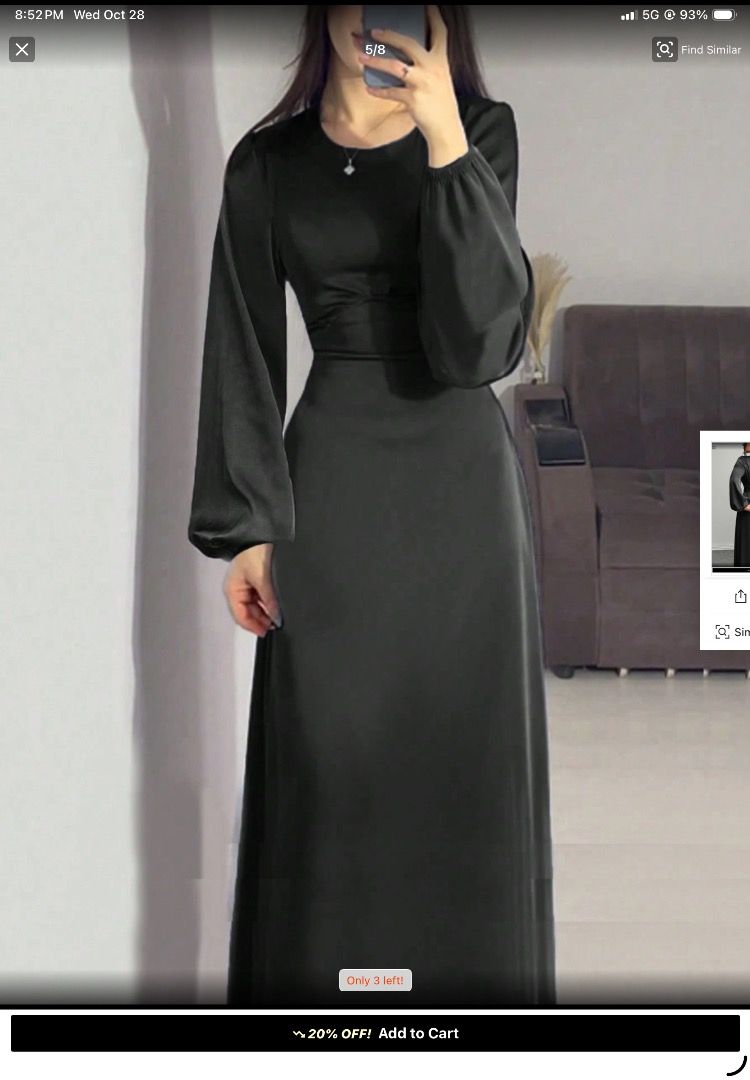 Black satin maxi modest dress (Category: Dresses) located in Caloocan City. Submitted by younghawk_893b84 (Listing ID 1470863374, Image 1). Description: - Color: Black - Size: XS-S - Material: Smooth satin fabric with a subtle shine - Design: Round neckline, long bishop sleeves, and fitted waist panel - Feature: Adjustable lace-up corset tie detail at the back - Length: Floor-length maxi skirt - Closure: Convenient upper back zip - Condition: Bra