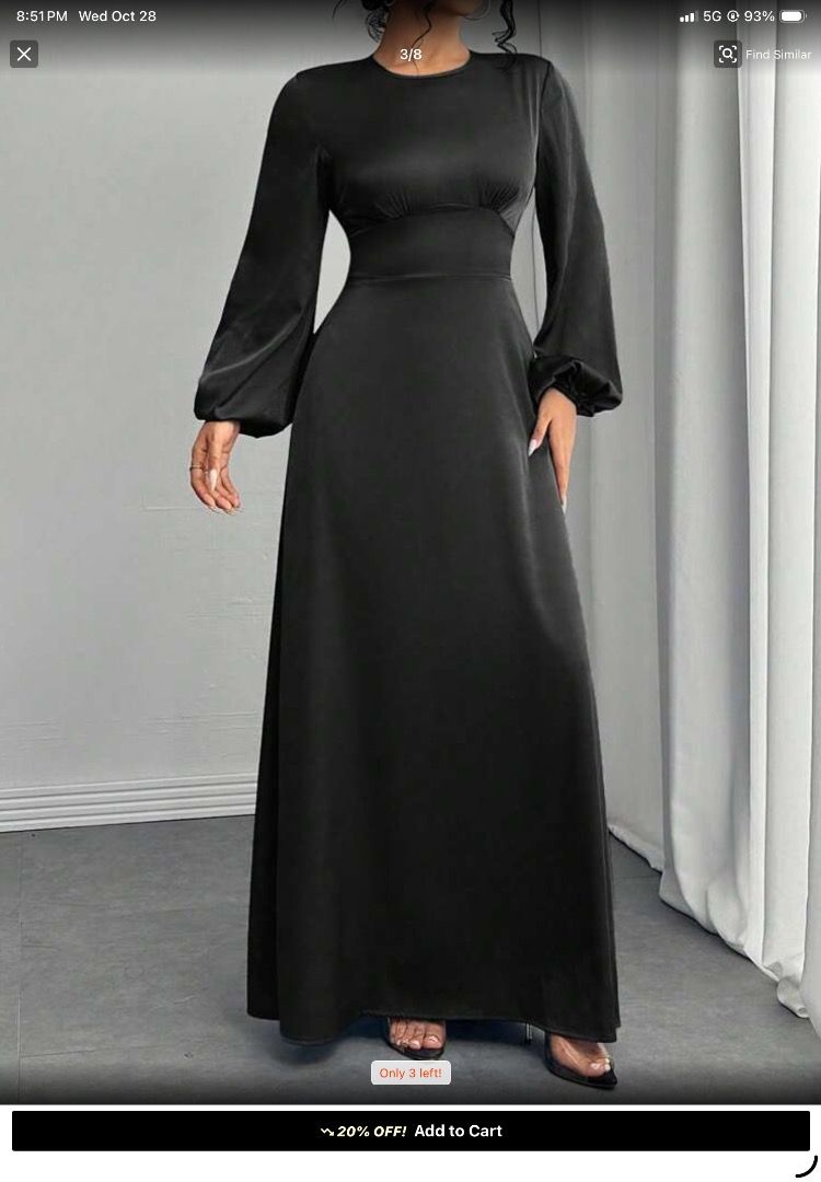 Black satin maxi modest dress (Category: Dresses) located in Caloocan City. Submitted by younghawk_893b84 (Listing ID 1470863374, Image 3). Description: - Color: Black - Size: XS-S - Material: Smooth satin fabric with a subtle shine - Design: Round neckline, long bishop sleeves, and fitted waist panel - Feature: Adjustable lace-up corset tie detail at the back - Length: Floor-length maxi skirt - Closure: Convenient upper back zip - Condition: Bra