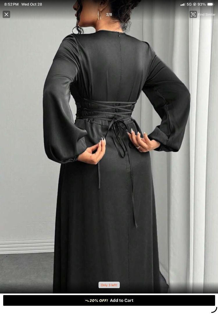 Black satin maxi modest dress (Category: Dresses) located in Caloocan City. Submitted by younghawk_893b84 (Listing ID 1470863374, Image 2). Description: - Color: Black - Size: XS-S - Material: Smooth satin fabric with a subtle shine - Design: Round neckline, long bishop sleeves, and fitted waist panel - Feature: Adjustable lace-up corset tie detail at the back - Length: Floor-length maxi skirt - Closure: Convenient upper back zip - Condition: Bra