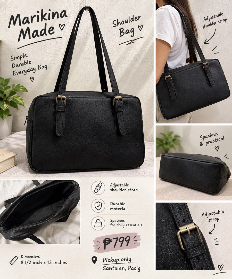 Black Shoulder Bag (Category: Shoulder Bags) located in Pasig City. Submitted by rain_rain. (Listing ID 1470866355, Image 1). Description: FOR SALE: Marikina Made Shoulder Bag Adjustable - Style: Simple everyday black shoulder bag - Origin: Proudly handcrafted in Marikina - Dimensions: 8.5 x 13 inches with a spacious interior - Hardware: Brass-tone accents with a secure top zip closure - Straps: Conveniently adjustable - Quality: Made with durabl