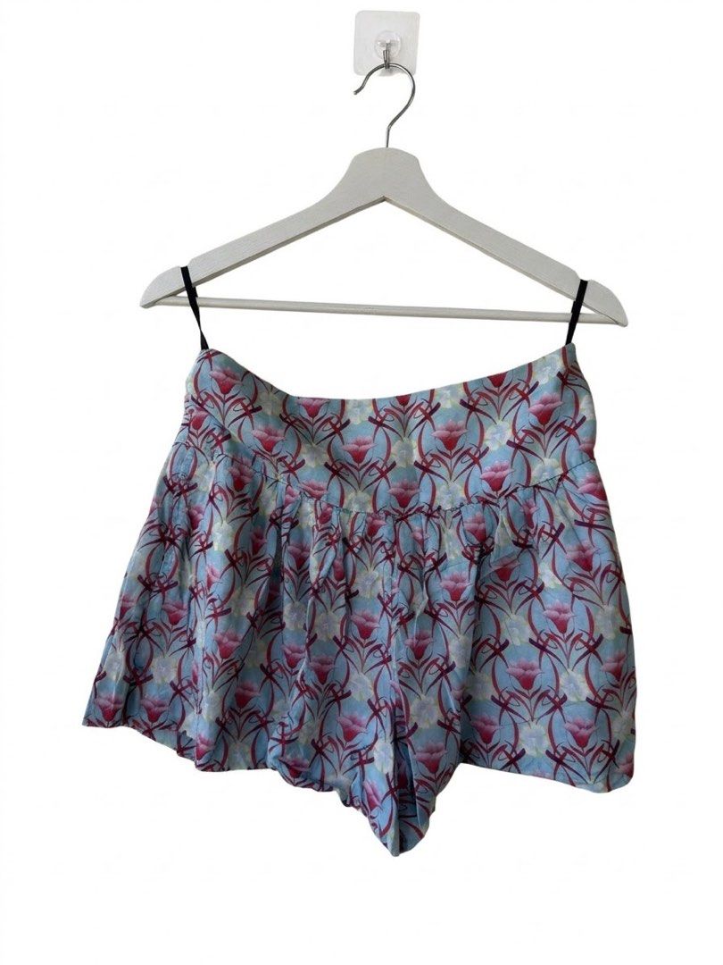 Blue floral patterned high-waisted shorts (Category: Shorts) located in Taguig. Submitted by luxeria_ (Listing ID 1470786396, Image 1). Description: - Color/Pattern: Light blue with pink flower and ribbon print - Fit: Loose, flowing fit with gathered pleats at the waistband - Material: Lightweight fabric, ideal for warm weather - Features: Includes slim black straps at the top corners for hanging or support - Mode of Payment: GCash, BPI, or Bank 