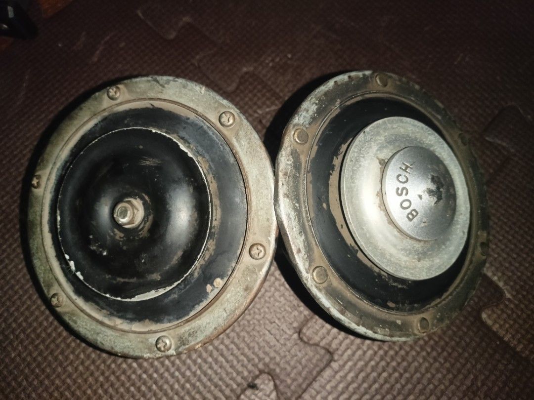 Bosch CH 2 110 Car Horns Pair (Category: Soundbars, Speakers & Amplifiers) located in General Trias. Submitted by jonvicjosu23851 (Listing ID 1470858786, Image 1). Description: - Genuine pair of Bosch CH 2 110 car horns - Origins: One unit made in Spain, one made in India - Features standard dual terminal connections on the back - Complete with original mounting hardware and adjustment bolts - Condition: Heavy patina, visible rust, wear, and dust
