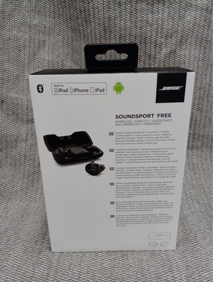 Bose SoundSport Free Wireless Earbuds (Category: Earphones) located in Quezon City. Submitted by annabananabread12 (Listing ID 1470789556, Image 2). Description: USED EXACTLY ONCE AND THEN NEVER AGAIN! Test it out if you want. RFS: decluterring and I want this gone ASAP - Authentic Bose SoundSport Free wireless earbuds in sleek black - Includes original retail box and charging case - Sweat and weather-resistant design for intense workouts - Stron