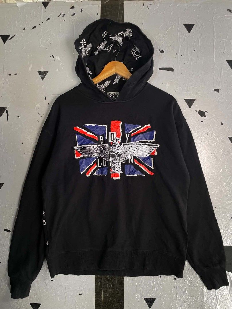 Boy London Graphic Hoodie (Category: Coats, Jackets and Outerwear) located in San Jose. Submitted by vincefresn21903 (Listing ID 1470890353, Image 1). Description: BOY London pullover hoodie featuring a Union Jack flag design with a skull and eagle graphic on the front..