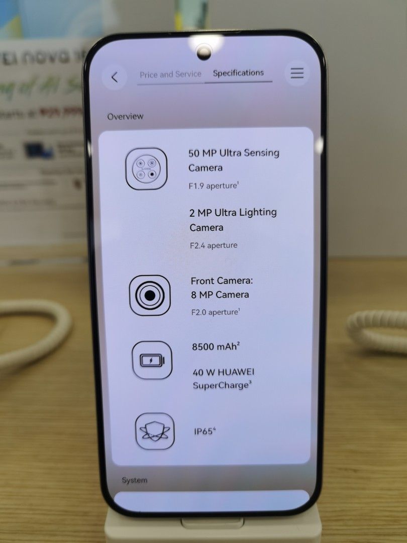 HUAWEI NOVA 15 MAX (Category: Huawei) located in Las Pinas. Submitted by huawei003 (Listing ID 1470801965, Image 2). Description: Specification *8500mAh Super Battery Long-Lasting Day into Night *Extra-Durable Body SGS 5-Star Drop Resistance *6.84" Vivid OLED Screen Stunning Stereo Dual Speakers *50 MP RYYB Ultra-Clear Camera Clarity even in Low Light Available Color Blush Gold/ Lake Cyan / Golden black.