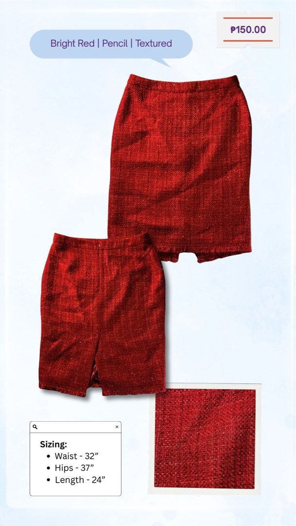 Bright Red Textured Pencil Skirt (Category: Skirts) located in Manila. Submitted by nonononnie (Listing ID 1470887661, Image 1). Description: Color: Bright red Fabric: Textured tweed-like material, light fabric Fit: Body-hugging pencil skirt with a back slit at the hem Measurements: Waist 32", Hips 37", Length 24" Style: Classic and versatile, easy to dress up or down for work, events, or church.