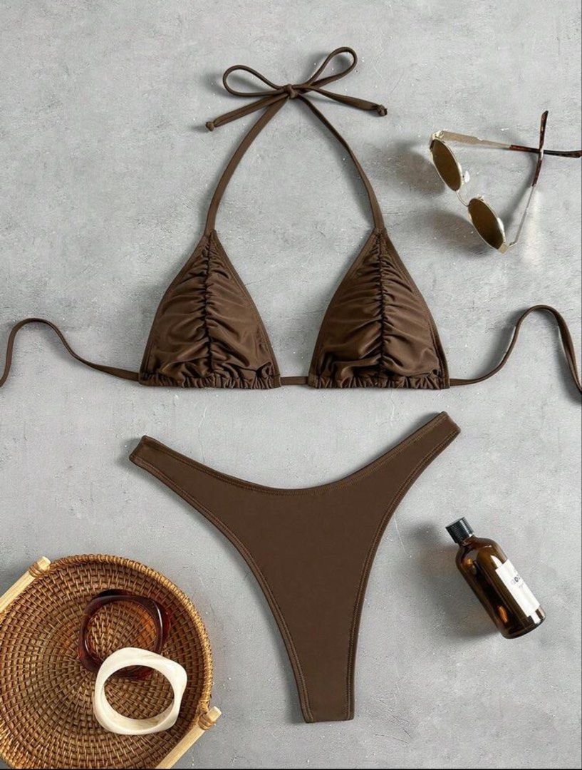 Brown Ruched Halter Bikini Set (Category: Bikinis & Swimsuits) located in Rizal. Submitted by anneeolivaa (Listing ID 1470817607, Image 1). Description: Small brand new.