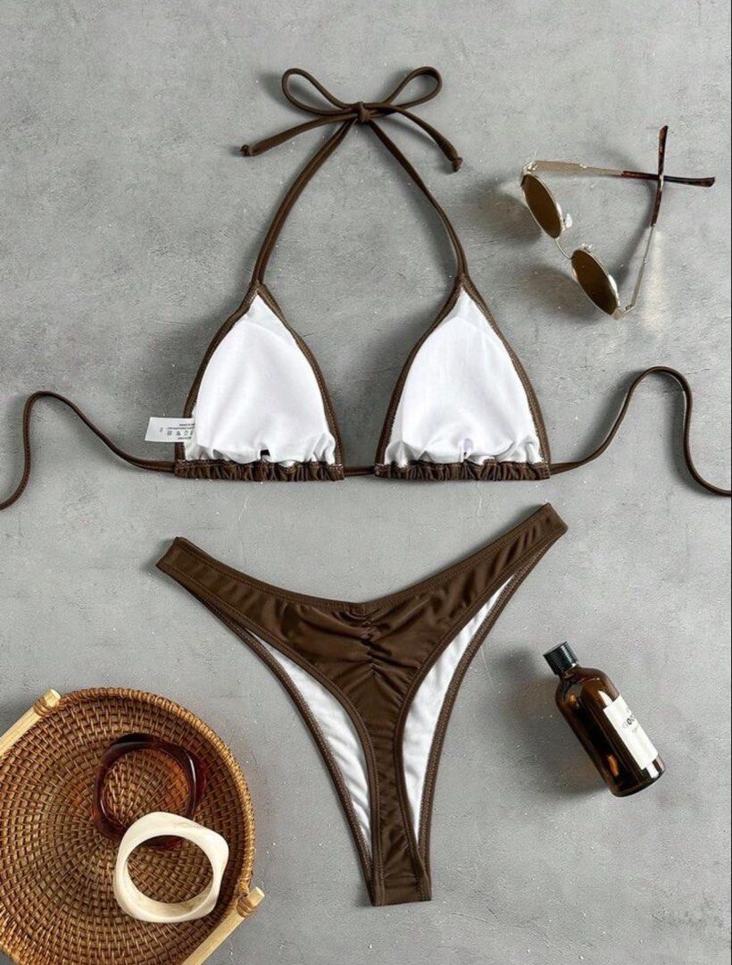 Brown Ruched Halter Bikini Set (Category: Bikinis & Swimsuits) located in Rizal. Submitted by anneeolivaa (Listing ID 1470817607, Image 2). Description: Small brand new.