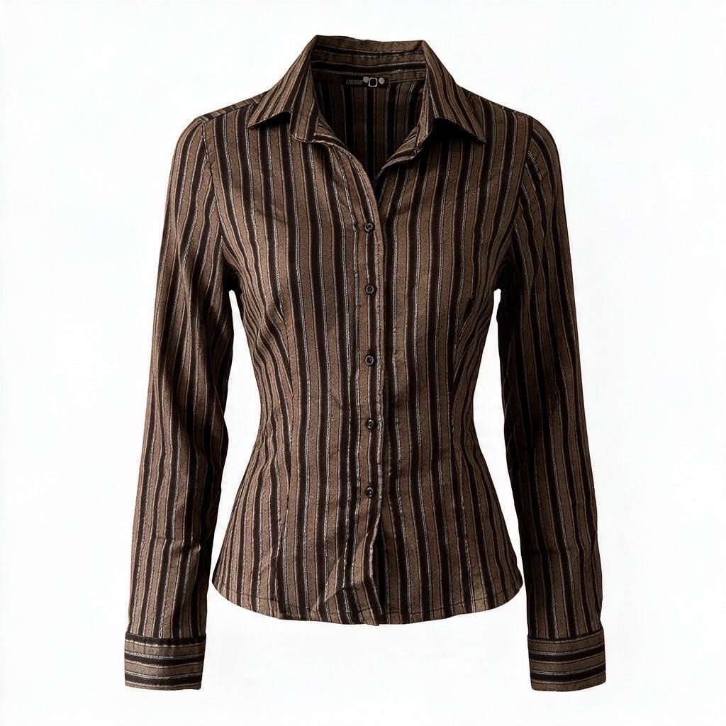 Brown Striped Long Sleeve Button Down Shirt (Category: Longsleeves) located in Batangas. Submitted by wearmegals (Listing ID 1470818372, Image 1). Description: - Color: Brown and black stripes with metallic silver accent threads - Fit: Fitted silhouette through the waist - Details: Collar neck, dark front buttons, and matching patterned cuffs - Sleeves: Long sleeves - Fabric: Lightweight and comfortable.