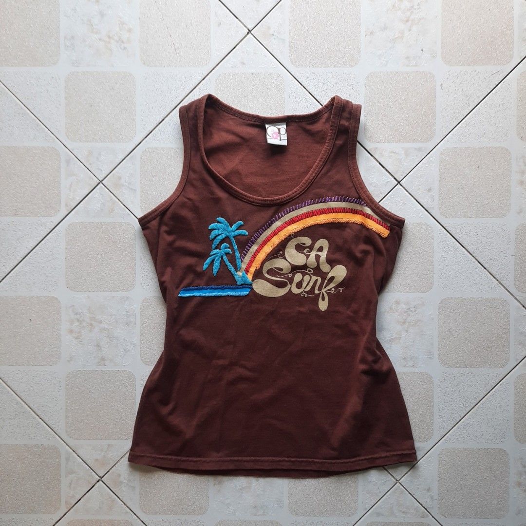 Brown summer tank top (Category: Sleeveless) located in Baguio. Submitted by jinriarchives (Listing ID 1470852486, Image 1). Description: ⤷ size: small ⤷ embroidered tropical palm ⤷ embroidered rainbow at the back.