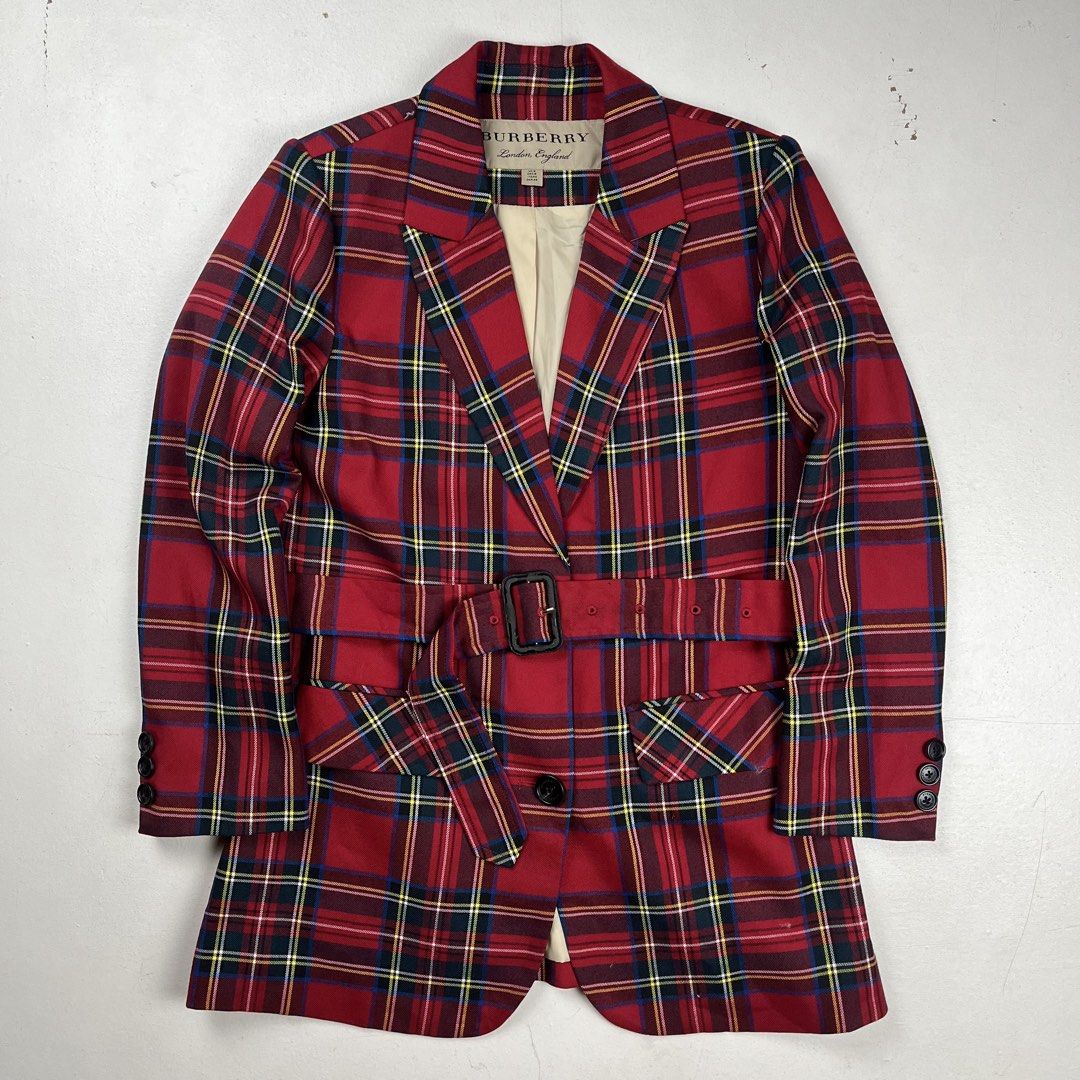 Burberry Plaid belted Blazer Jacket (Category: Luxury Apparel) located in Quezon City. Submitted by forgarments (Listing ID 1470830193, Image 1). Description: Burberry Plaid belted Blazer Jacket Excellent Condition - The belt hardware synthetic coating is peeling off Size: 40 Shoulder: 15.5 Inches Chest width: 19 Inches Waist: 17.5 Inches Sleeve: 21.5 Inches Length: 29 Inches Hem: 21 Inches - Belted Blazer Jacket - 2 hand flap closure pocket - Fu
