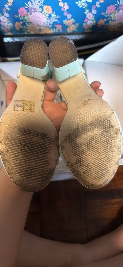 Call It Spring Mint Green Block Heels Sandals (Category: Heels) located in Quezon City. Submitted by angelshopssells (Listing ID 1470774339, Image 2). Description: - Brand: Call It Spring - Color: Mint green - Style: Block heels with open toe and ankle strap buckle closure - Size: US 7 / EUR 37.5 / UK 5 - Material: Vegan - Packaging: Includes original shoe box - Condition: Heavy peeling/flaking on inner lining and footbed; soles show dirt and wea